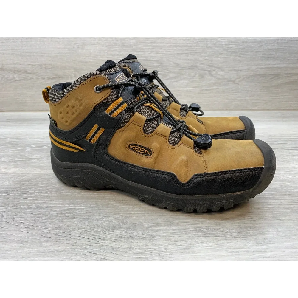 KEEN Dry Waterproof Hiking Boots Tan Black Yellow 1019834 Youth 5 Trail Shoes